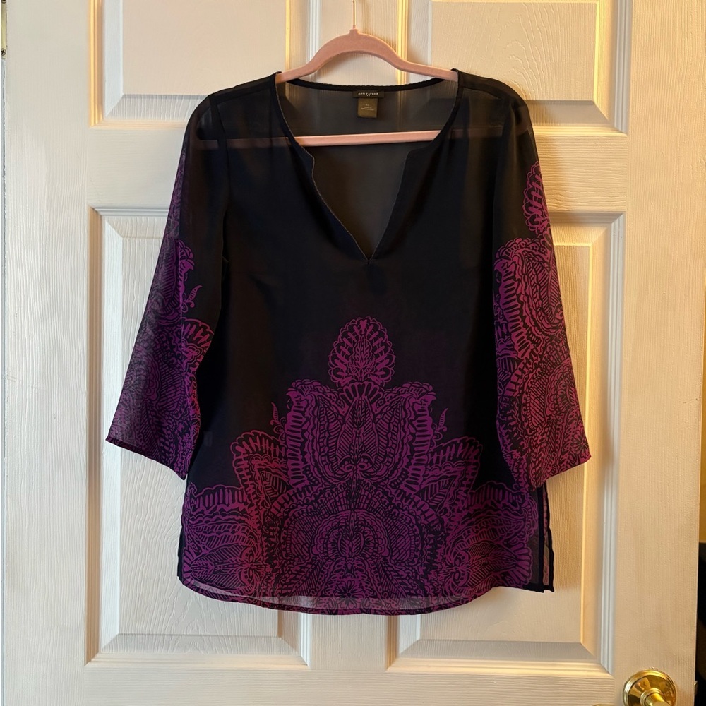 Ann Taylor Sheer Black Tunic with Purple Paisley Motif - Women XS